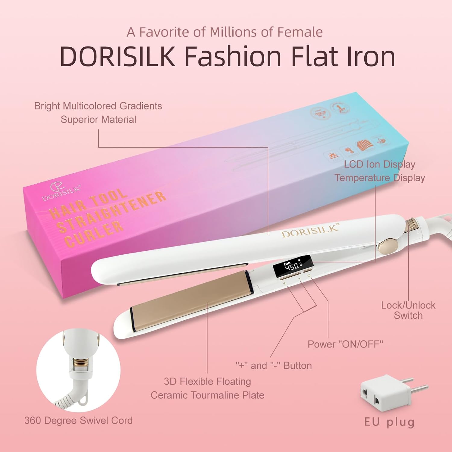 DORISILK 1 Inch Ceramic Flat Iron 450 Degree 2-in-1 Hair Straightener Curler White - Image 8