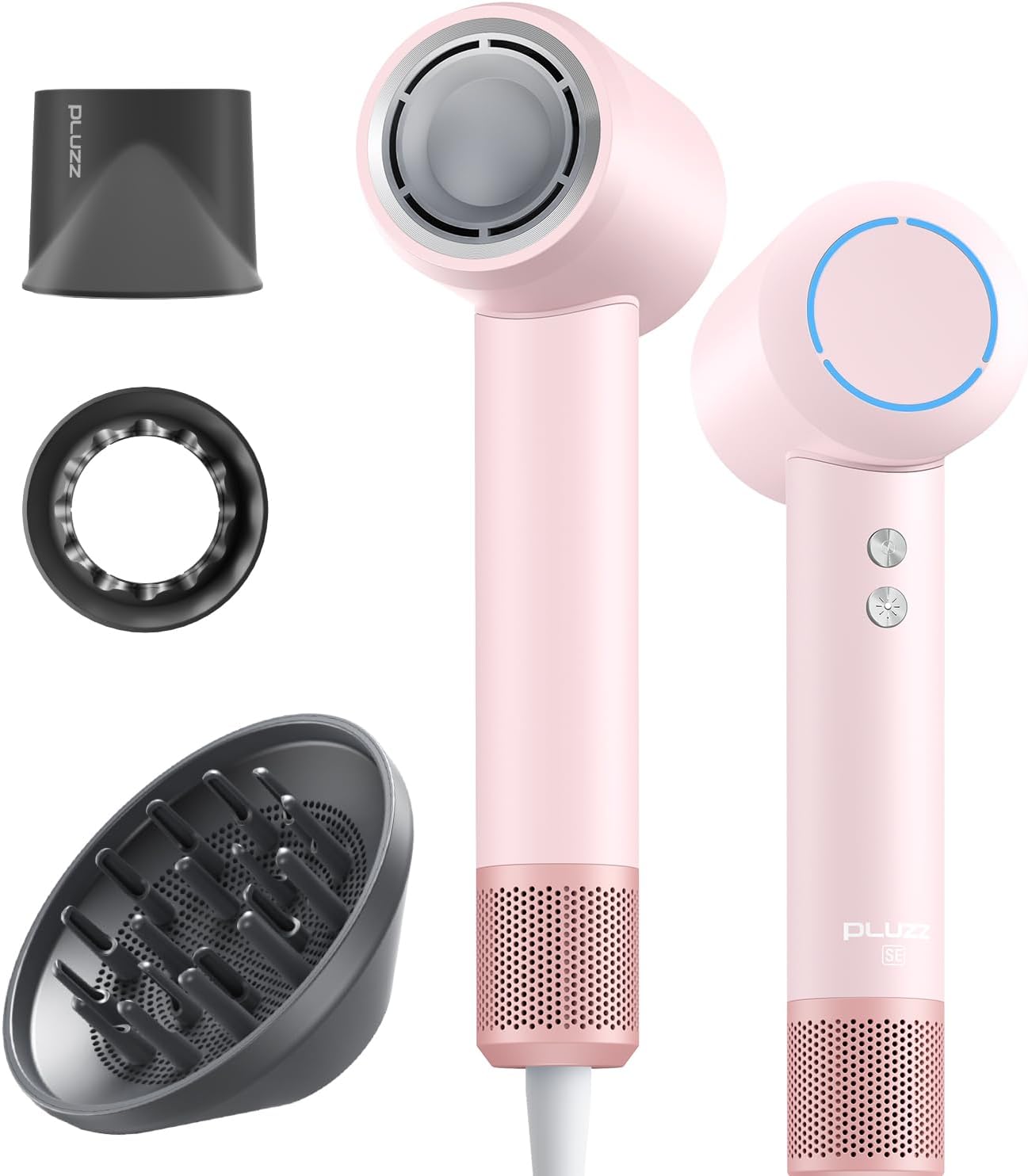 PLUZZ Hair Dryers Set, Pink 110000RPM 1600W High Speed Hair Dryer for Women Kids Fast Drying, Low Noise Ionic Hair Dryers with Diffuser for Curly Hair, Small Lightweight Blow Dryer for Home Traveling