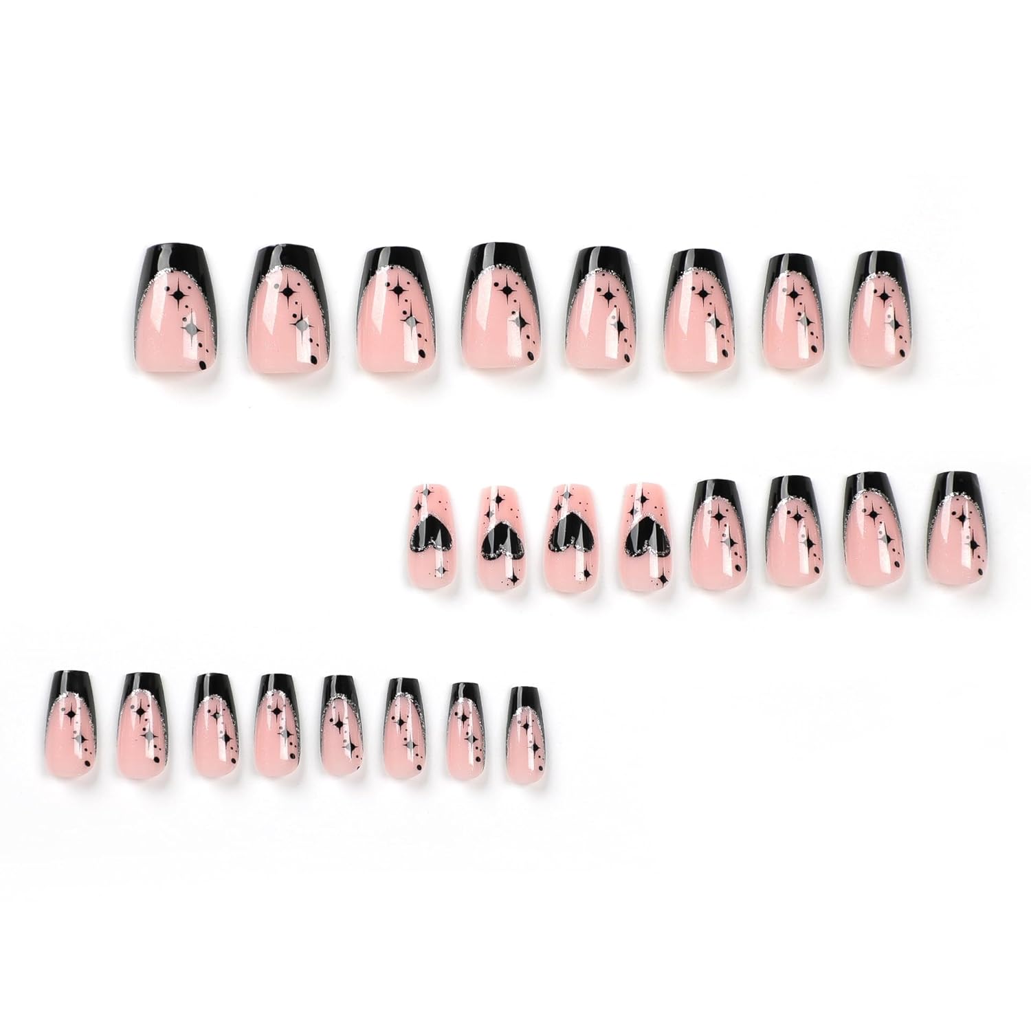 Black French Tip Medium Coffin Press on Nails Black Heart Star Design 24 Count - Image 2