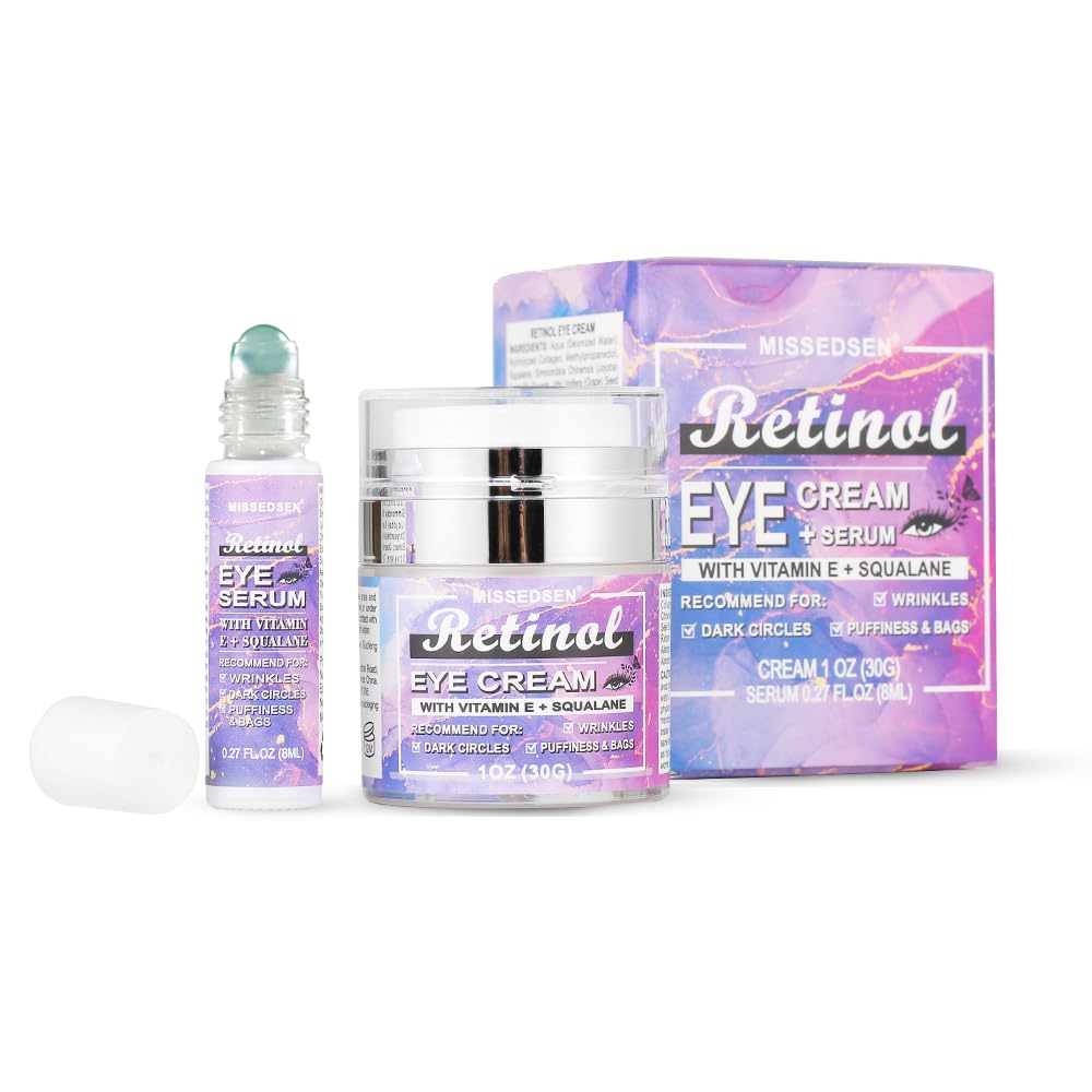 Retinol Vitamin C Eye Cream & Serum Set for Anti-Aging Treatment - Gentle Formula for Sensitive Skin (30g/1 OZ and 8ml/0.27 OZ)