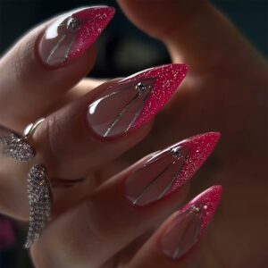 Red French Tip V Shaped False Nails Rhinestones Glue on Nails Artificial Press on Nails Medium Glitter Powder Silver Lines Design Full Cover Coffin Nails Acrylic Stick on Nails for Women 24Pcs