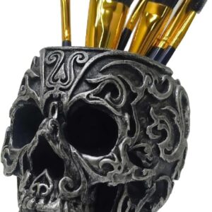 CUZOKOLA Gothic Skull Decor Makeup Brush Holder Vanity Decor with Strong Resin,Pen Holder for Home Office Desk Decorative&Succulent Flowerpot (Silver)
