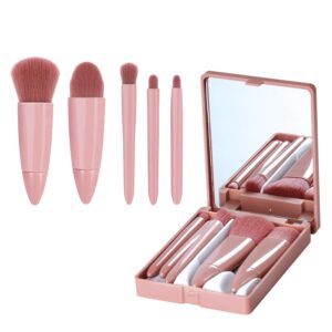 Travel Makeup Brush Set, Easy-Taken 5pcs Professional Mini Cosmetic Brushes Kit Complete Function Small Size with Case for Women (5pcs with Mirror,Pink)