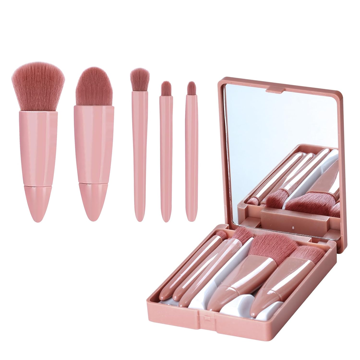 Travel Makeup Brush Set, Easy-Taken 5pcs Professional Mini Cosmetic Brushes Kit Complete Function Small Size with Case for Women (5pcs with Mirror,Pink)