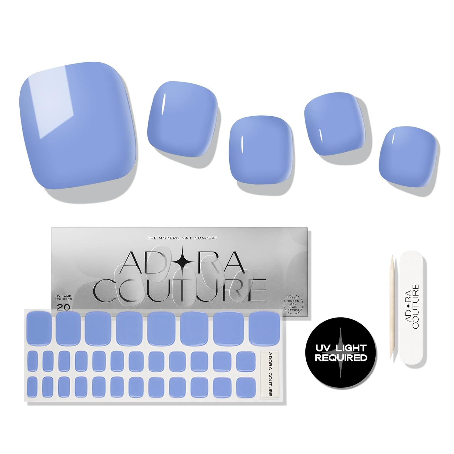 Semi Cured Gel Nail Strips Pedicure Stickers, 32 Pieces, Glossy Gel Nail Stickers for Toes, Salon Quality Nails at Home, UV Light Required, Blue Sky P