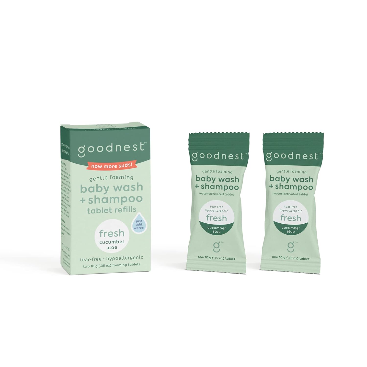 Goodnest Cucumber Aloe All-in-One Baby Shampoo, Foaming Wash, Dissolving Tablets, Tear-Free, Hypoallergenic for Sensitive Skin - Includes (2) Refills