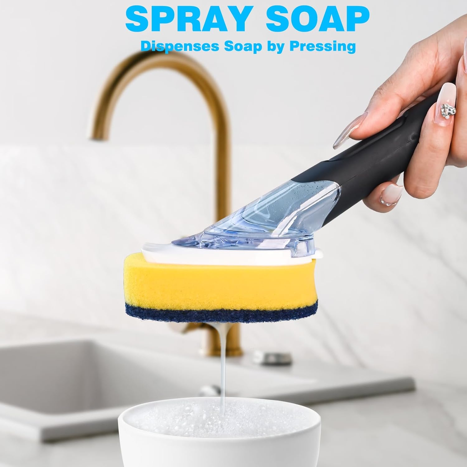 AJXX Dish Brush Set with Integrated Soap Dispenser and Two Replacement Brush Heads Plus Holder - Image 2