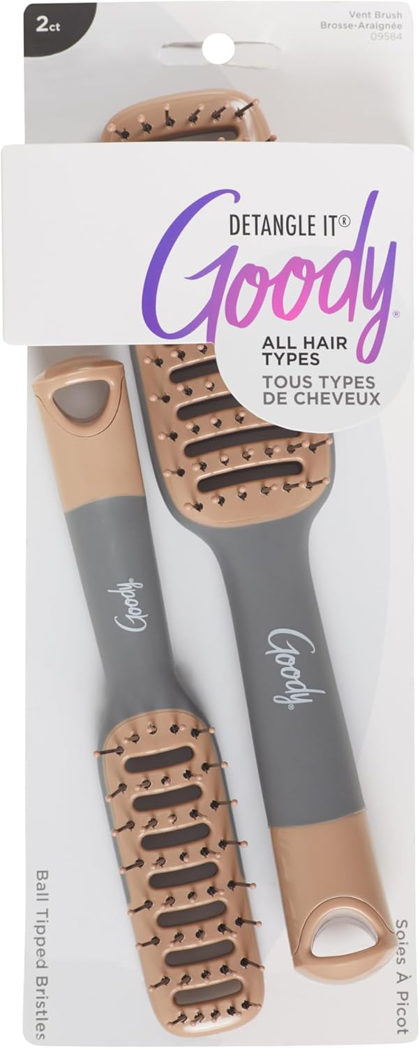 Goody Detangle It Vented Hair Brush, Quick Drying Detangler Brush with Flexible Bristle, Use as a Detangling Brush or Styling Brush to Tackle Tangles, Knots & Frizz, All Hair Types, Brown/Grey - 2 Ct
