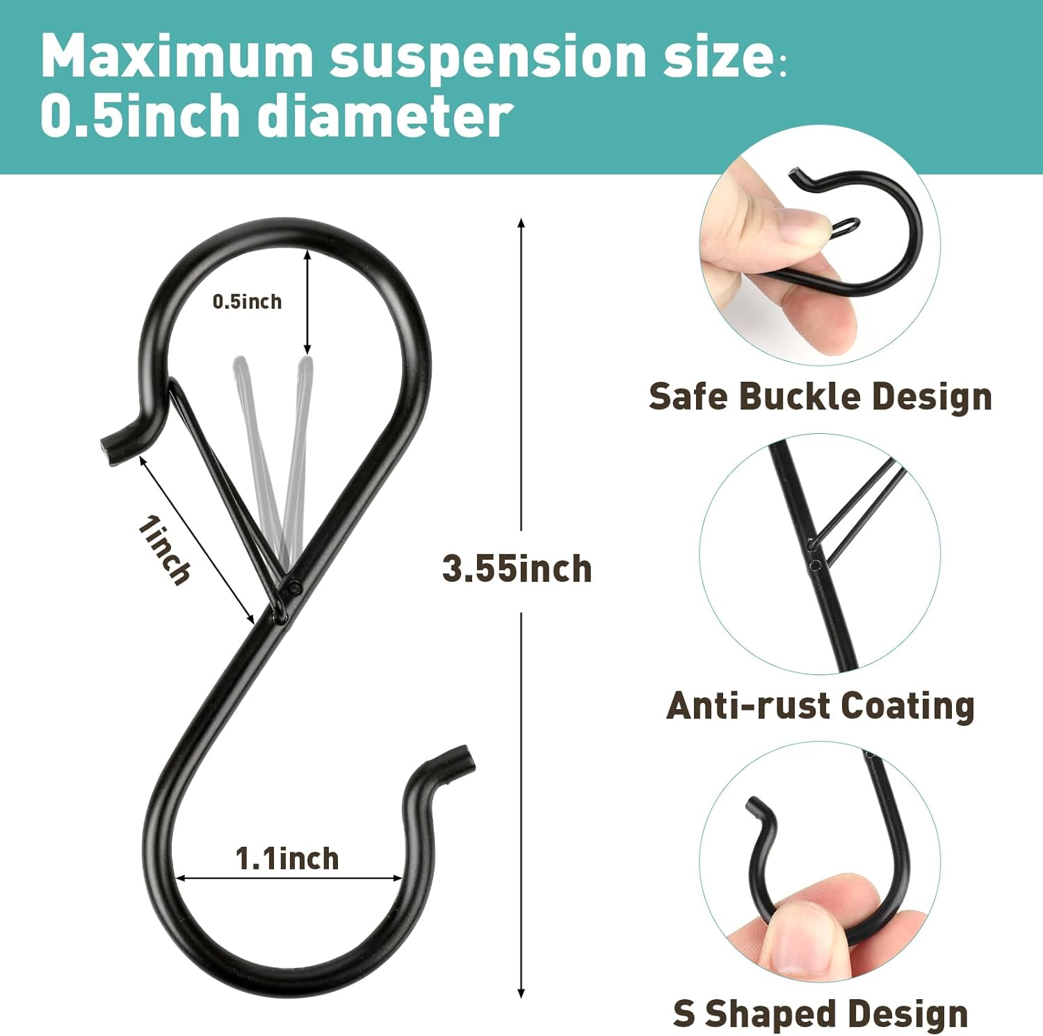 Navona 12 Piece Heavy Duty 3.5 Inch Metal S Hooks with Safety Buckle for Hanging - Image 2