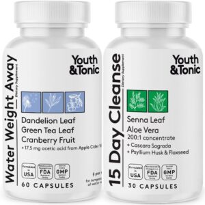 Youth & Tonic Jumpstart Cleanse – Water Weight Away Pills & 15 Day Colon Detox & Gut Cleanser for Bloating, Energy, and Metabolism Support – Aids in Shedding Excess Fluids for a Lighter Body – 90 Caps