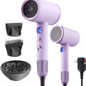 Professional Hair Dryer,1875 Watt High-Speed Ionic Blow Dryer with Diffuser/Concentrator/Comb Nozzle,LED Temp Display,Intelligent Temp Control,Low Noise for Home Salon Travel (Purple)