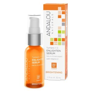 Andalou Naturals Turmeric + C Enlighten Serum, Skin Smoothing Serum with Vitamin C & Turmeric, Anti Aging Skin Care, Diminish Sun Damage and Refine Skin, 1.1 Fl Oz