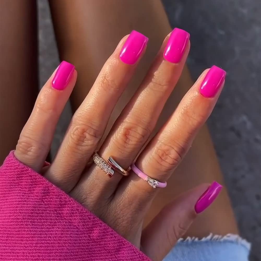 Hot Pink Press on Nails Short Square KXAMELIE Natural Gel Nails Glue on Acrylic Nails Press ons Neon Pink Reusable Fake Nails Solid Color 24Pcs Short Coffin Artificial Nails