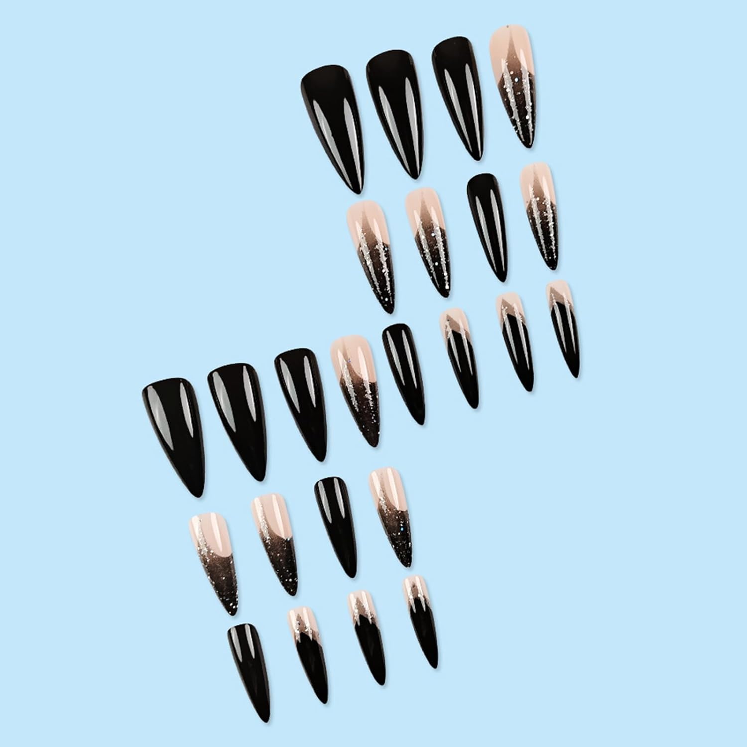 Black French Tip Long Stiletto Press on Nails 24Pcs with Silver Glitter Accent - Image 4