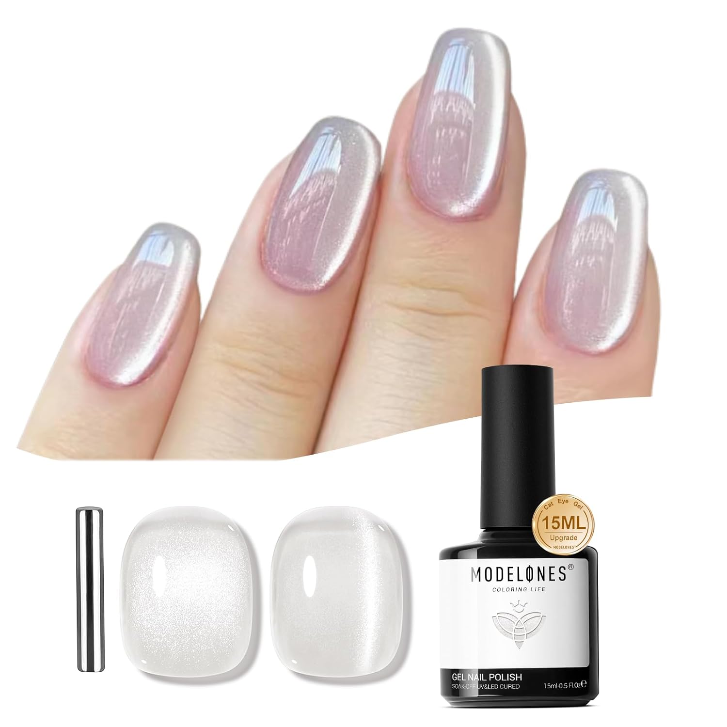 modelones Cat Eye Gel Nail Polish, 15 ML Silver Nude Glitter Holographic Glass Cat Eye Summer Jelly Shimmer Reflective Translucent U v Gel Magnetic Nail Polish for Women Girl
