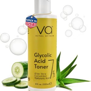 Glycolic Acid Toner for Face - Anti Aging, Pore Minimizer for Face, Exfoliating Toner - with Aloe Vera, Cucumber, Hyaluronic Acid - AHA - Alcohol Free - for All Skin Types - by Vital Affair.