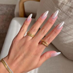 White Chrome Press on Nails Medium Almond Nails Press ons Metallic Nails Glue on, Acrylic Nails Fake Nails for Women, Thick Shinny Glazed False Nails Glue on Nails Medium Length Stiletto Nails 24Pcs