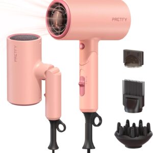 PRETFY Portable Hair Dryer, 1875W Professional Ionic Hair Blow Dryer with Diffuser, Lightweight Design, Fast Drying, Low Noise, Foldable Small Hair Dryer for Home, Travel, Salon (Pink)