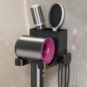 Hair Dryer Holder Wall Mounted with Self Adhesive, Mg-Al Alloy Blow Dryer Holder Compatible with Dyson Supersonic, Shark, Hair Dryer Organizer for Bathroom, Vanity, Bedroom (Black)