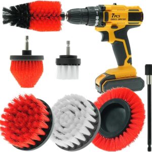 7 Pcs Drill Brush Set All Purpose Power Scrubber Cleaning Kit with Extend Attachment for Bathroom Surfaces, Grout, Floor, Tub, Shower, Tile, Kitchen and Car (red)