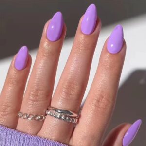 Purple Press on Nails Short Almond Fake Nails Press ons False Nails with Designs Acrylic Glossy Full Cover Glue on Nails Press ons Cute Artificial Stick on Nails for Women Manicure 24 Pcs