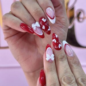 Almond Press on Nails Red Fake Nails Medium False Nails French Tip Acrylic Nails with Heart Bow Design Glossy Glue on Nails Full Cover Stick on Nails for Women Manicure Kit 24Pcs