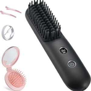 LCD Screen Cordless Hair Straightener Curler 2 in 1, Portable Mini Hair Straightening Brush for Travel Negative Ionic Fast Heating Hot Comb for Women, Folding Brush with Mirror, Black