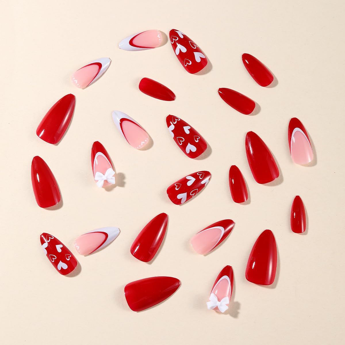 Medium Red Acrylic French Tip Almond Press on Nails with Heart Bow Design 24 Pieces - Image 3