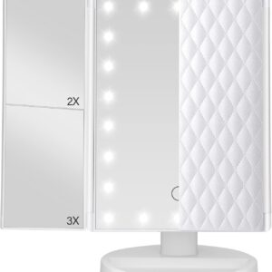 Trifold Vanity Mirror with Lights，Makeup Mirror with Lights and 1x/2x/3x Magnification 21LED Mirror Touch Screen Two Power Supply Modes Make Up Mirror A-white