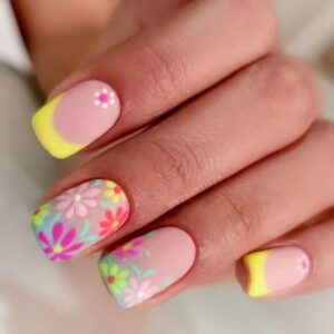 French Tip Press on Nails Spring Flower Fake Nails Short Square Glue on Nails Full Cover Colorful Floral False Nails Matte Light Yellow Nail Tips Acrylic Nails Spring Summer Stick on Nails for Women