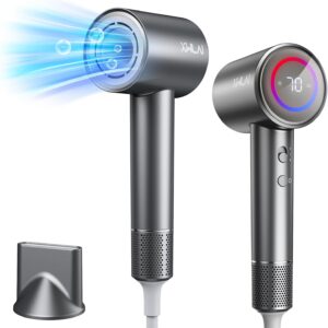 Hair Dryer, 110000 RPM High-Speed Brushless Motor Negative Ionic Blow Dryer for Fast Drying, Low Noise Thermo-Control Hair Dryer with Nozzle and Tri-Colour LED Light Ring for Home, Travel (Gray)
