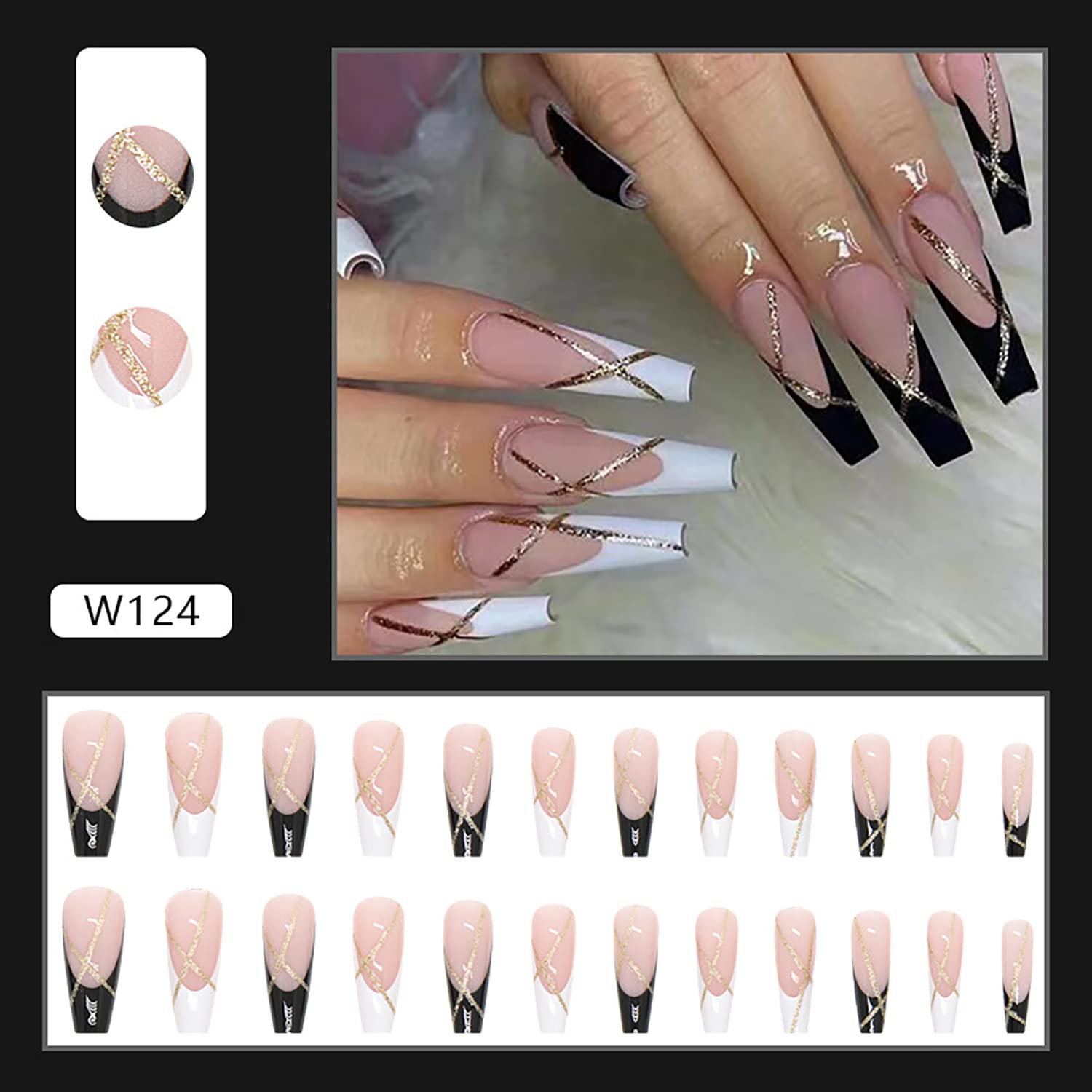 24-Piece Glossy Gold Line French Press On Nails Set Coffin Style Reusable Acrylic - Image 4