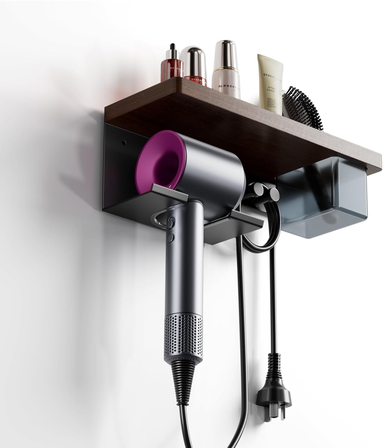 Walnut Set Hair Dryer Holder Wall Mounted, Blow Dryer Organizer for Bathroom, Aluminum Alloy Multi-Functional Hair Dryer Rack for Supersonic, Morden Black