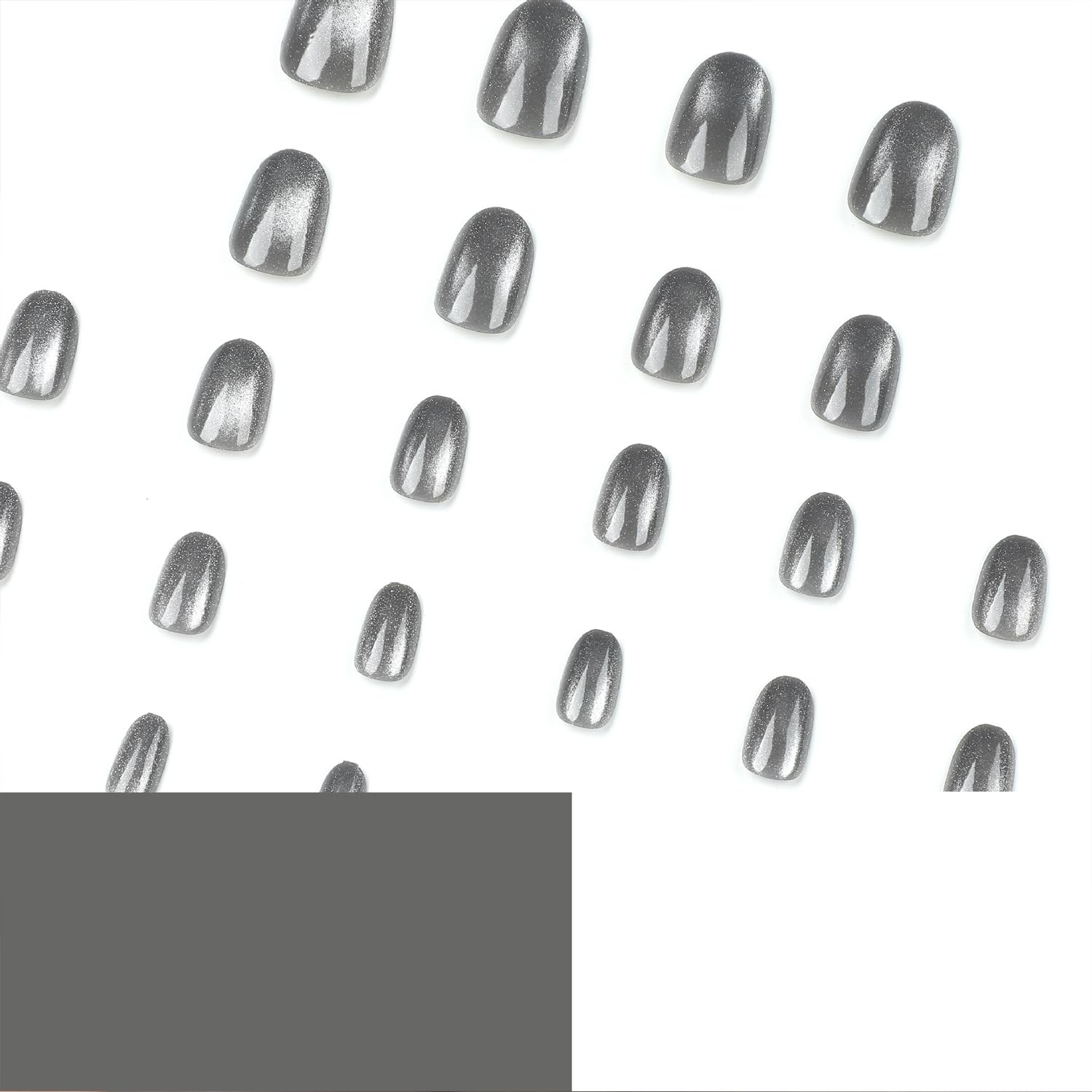 Glossy Grey Oval Short Press-On Nails with Cat Eye Glitter Designs, 24 Pieces - Image 2
