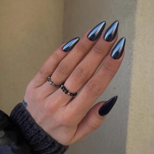 Mirror Metal Black Press on Nails Almond Shaped Chrome Glazed Medium Almond Nails Press on Bling Shiny Plating Nails Acrylic Nails Reusable Fake Nails for Women Stiletto Glue on Nails Medium Length