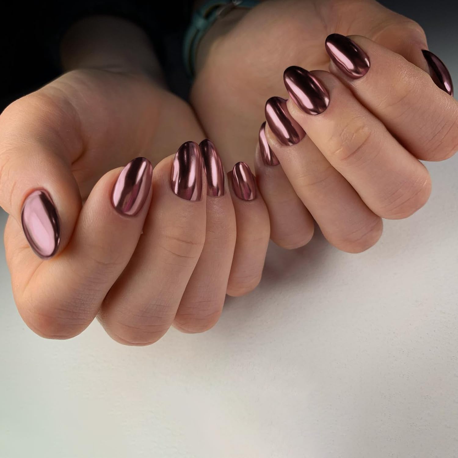 Rose Red Chrome Short Almond Press On Nails 24Pcs Metallic Acrylic Glue On Women - Image 3