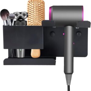 Blow Dryer Holder, SHAIDOJIO Hair Tool Organizer Wall Mounted, Aluminum Alloy Hair Dryer Holder, Muti-Function Hair Dryer Stand with Plug Hook (Black)