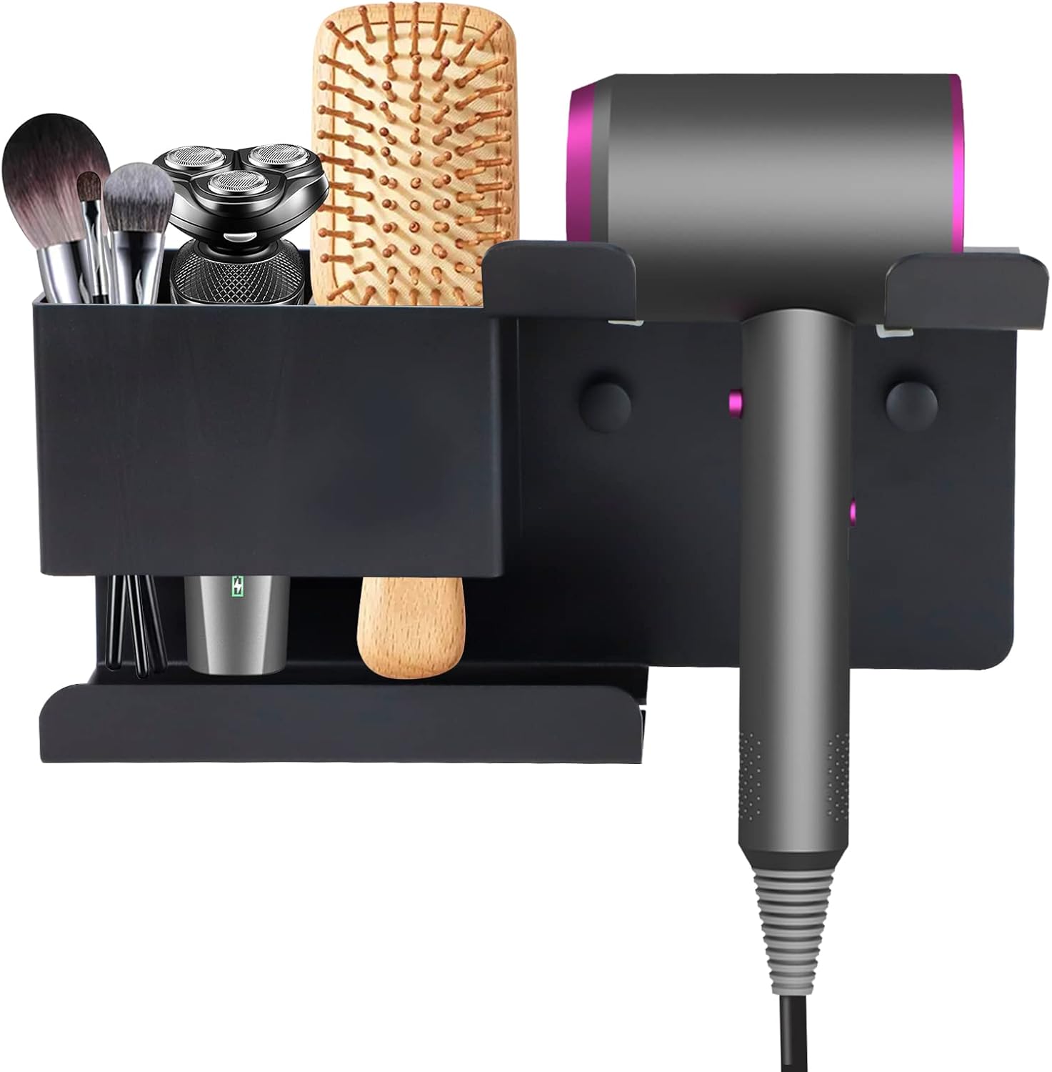 Blow Dryer Holder, SHAIDOJIO Hair Tool Organizer Wall Mounted, Aluminum Alloy Hair Dryer Holder, Muti-Function Hair Dryer Stand with Plug Hook (Black)