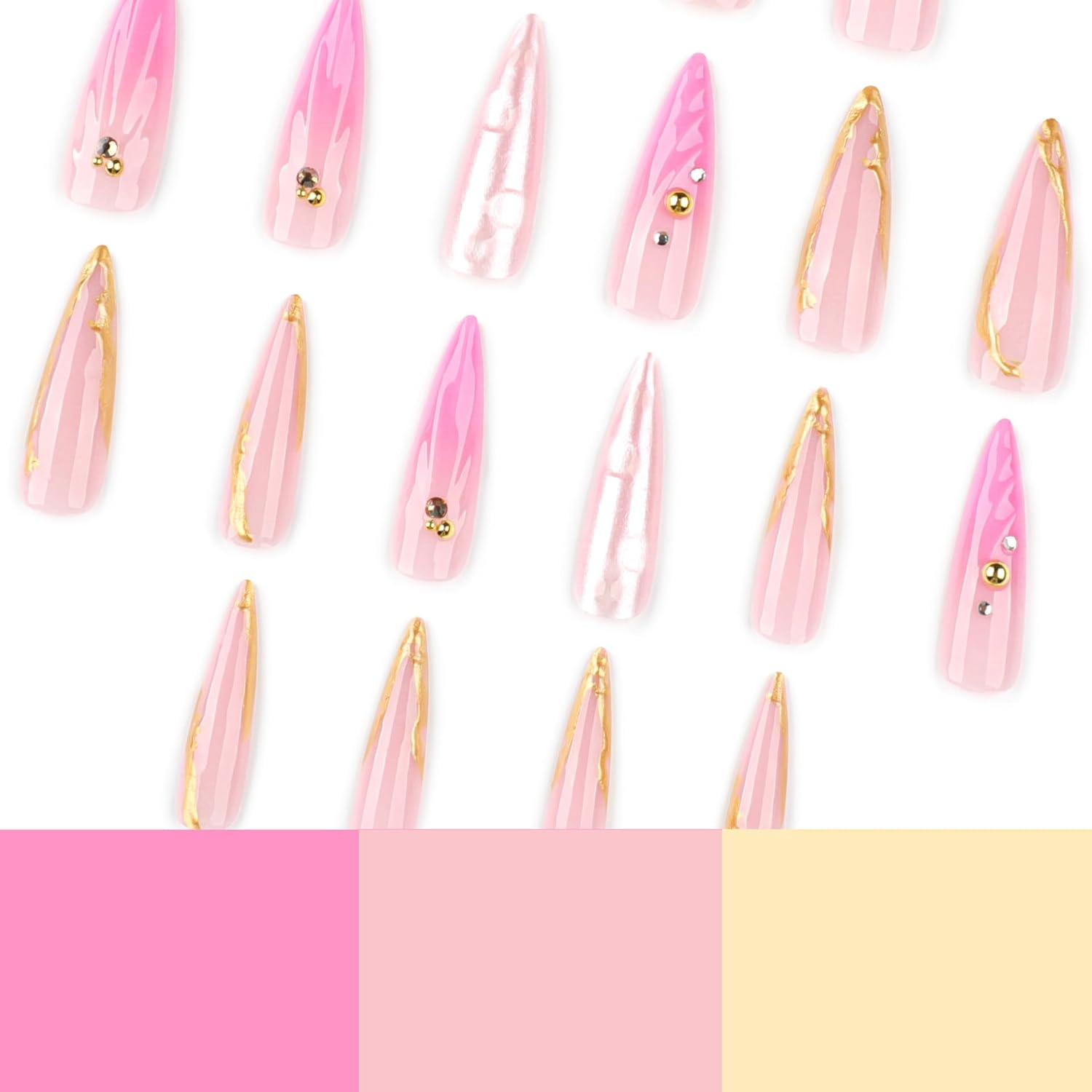 Glossy Pink Ombre Stiletto Press on Nails with Gold Design, Reusable 24 Piece Set - Image 2