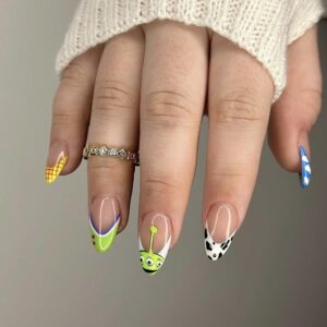 Halloween Press on Nails Almond Shape Fake Nails Green Acrylic Nails French Tip False Nails Clouds Cow Pattern Design Cute Stick on Nails Full Cover Glossy Glue on Nails for Women Manicure