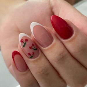 Almond Press on Nail Summer Cute Cherry Designs False Nails White French Tip Fake Nails Glossy Pink with French Fruit Pattern Acrylic Nails Medium Length Artificial Glue on Nails for Women