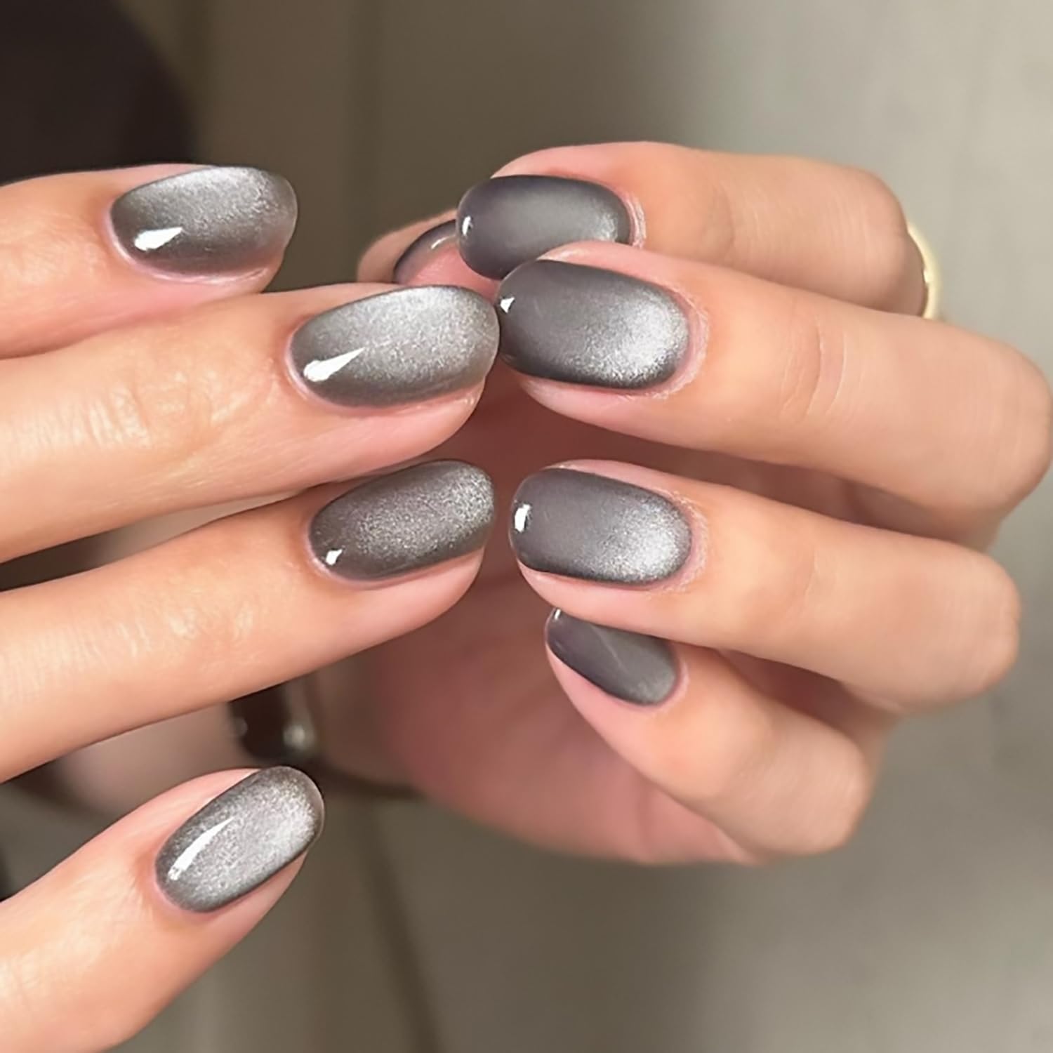 Grey Press on Nails Oval Short Fake Nails Glossy False Nails With Cat Eyes Designs Full Cover Glitter Stick on Nails Acrylic Artificial Nails Glue on Nails for Women Nail Art Decorations 24Pcs