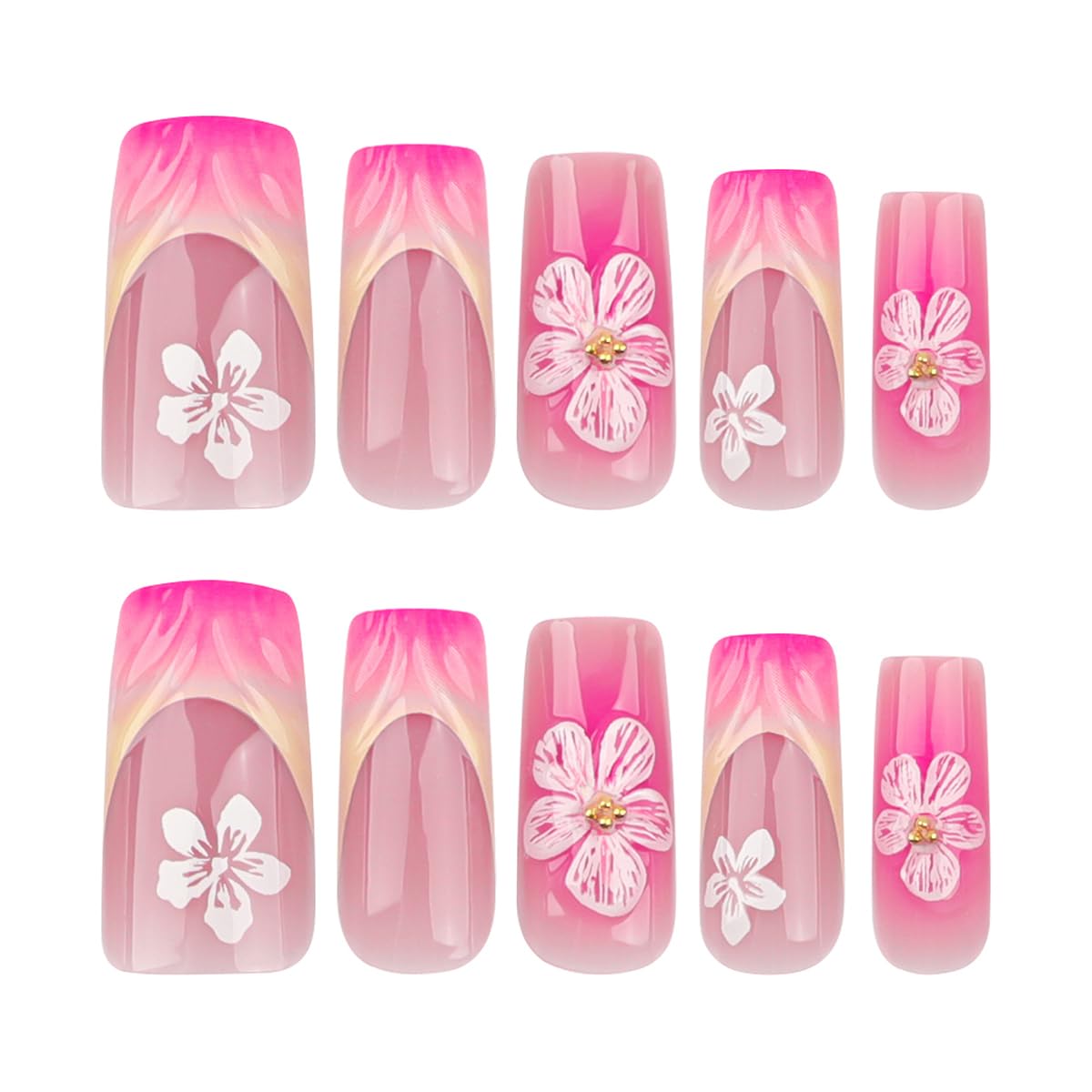 24 Pcs Medium Square Yellow French Tip Press-On Nails with White Flower Accents - Image 4