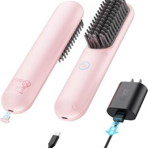 TYMO Porta Cordless Hair Straightener Brush, Portable Mini Straightening Brush for Travel, Negative Ion Hot Comb Hair Straightener for Women, Lightweight to Carry Out, USB Rechargeable, Blush