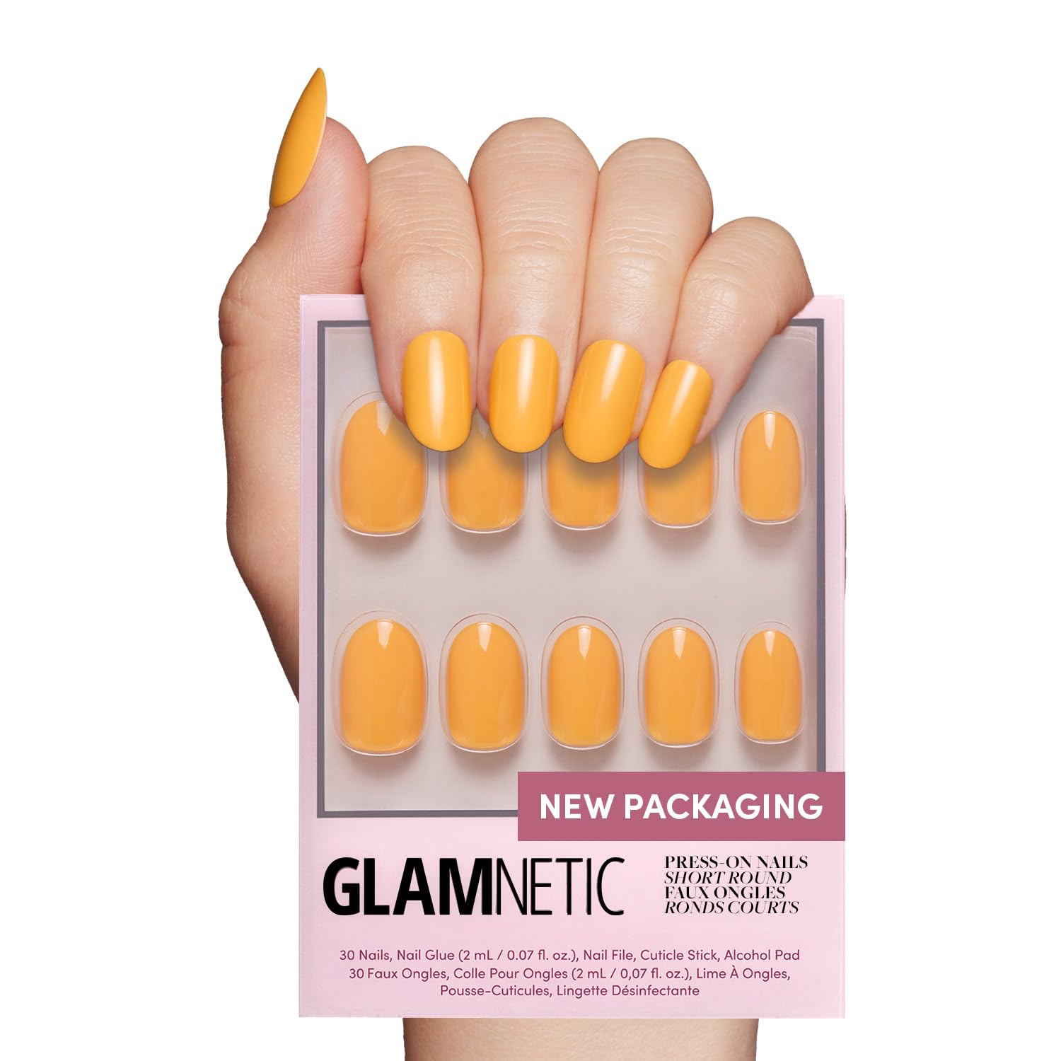 Glamnetic Press On Nails - Sunset Orange | Opaque Trendy Orange Short Round Fake Nails, Reusable | 12 Sizes - 30 Nail Kit