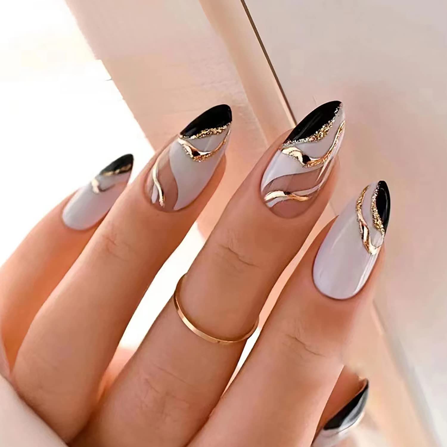 24 pcs Almond Press on Nails Short Artificial Acrylic Fake Nails with Black White Ripple Gold Foil Shine Designs, Full Cover Reusable Coffin False Nails Women Glue on Nails Stick on Nails for Nail Art