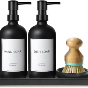 GMISUN Kitchen Soap Dispenser Set, 17 fl oz Dish Soap Dispenser with Ceramic Tray & Bamboo Brush for Kitchen, 2Pcs Matte Black Glass Hand and Dish Soap Dispenser Set, Refillable Soap Bottle Set