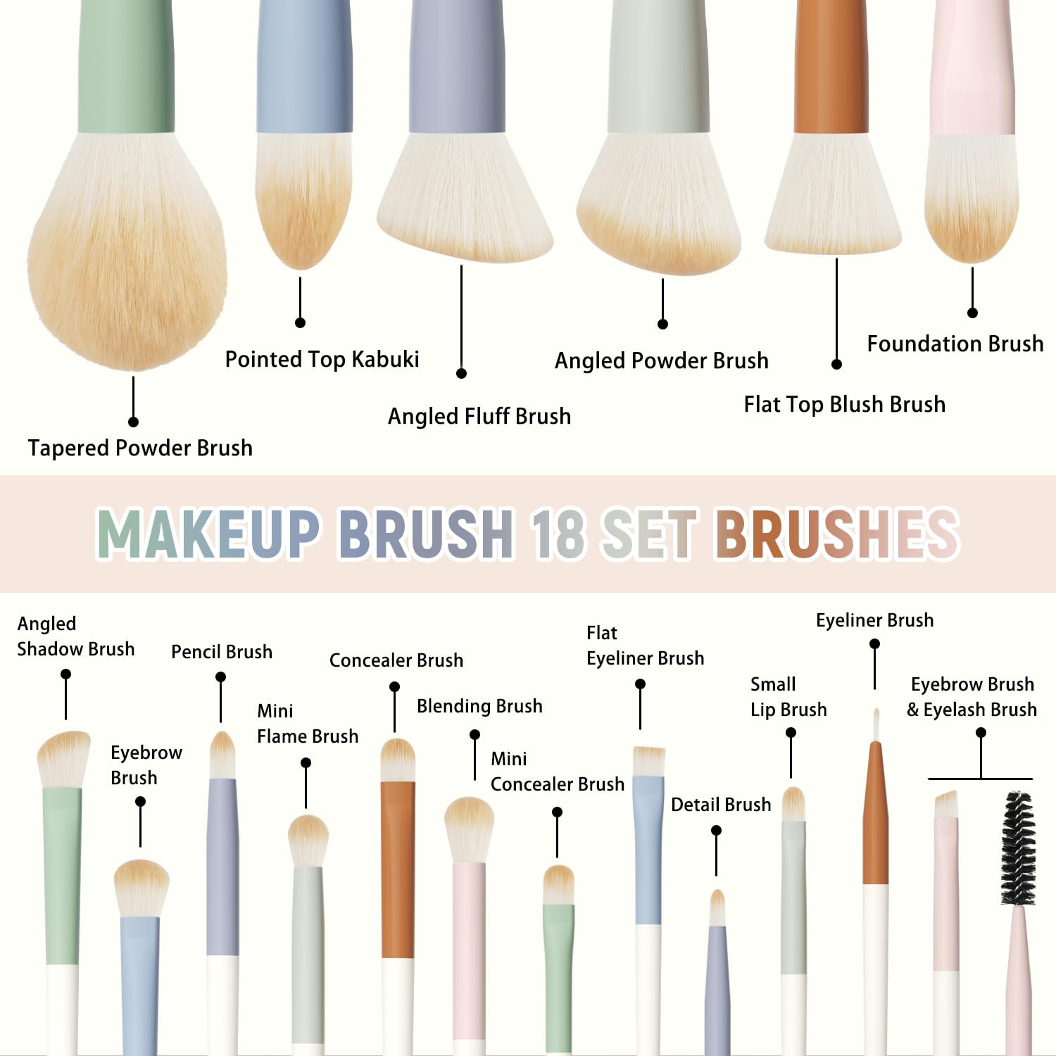 Vibrant 18-Piece Makeup Brush Set with Soft Synthetic Bristles and Wooden Handles, Includes Sponges - Image 2