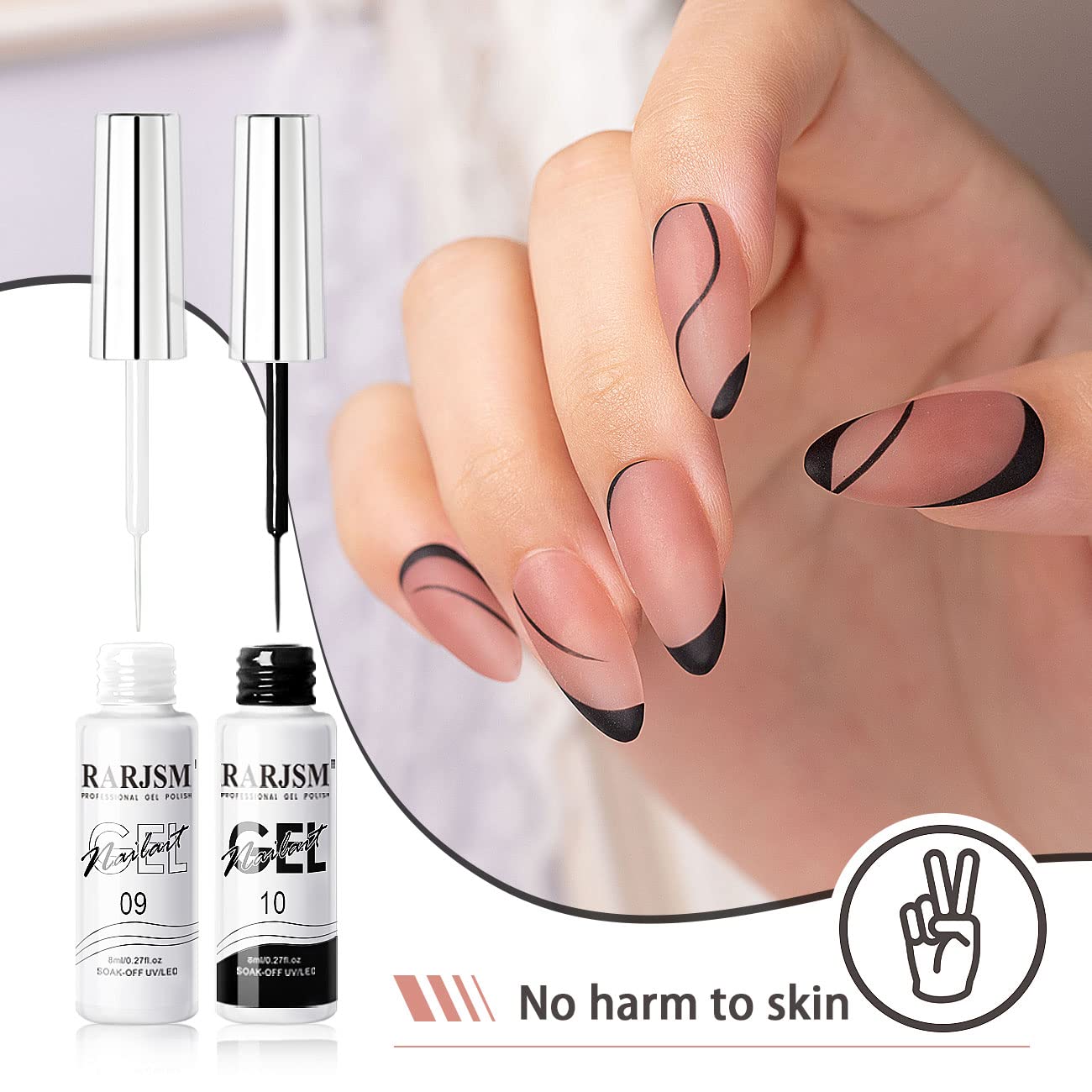 RARJSM 2Pcs 8ml Black and White Nail Art Liner Gel Polish Set with Brush - Image 5