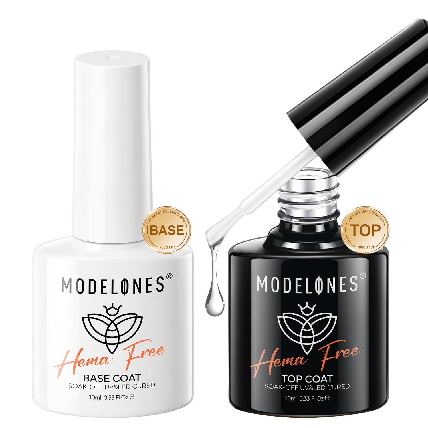 Modelones No Wipe Gel Top Coat and Base Coat Set, 2 Pcs Clear Glossy Hema Free Base Top Coat Gel Nail Polish Long Lasting for Summer Nail Polish, Acrylic Nails Soak Off Nail Lamp Nail Art Home Salon